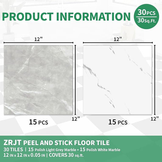 30-Pack 30 Sq.Ft Peel and Stick Floor Tiles Vinyl Matte Pattern Flooring, 12” x 12” Self Adhesive Vinyl Flooring DIY for Kitchen, Bathroom, Laundry, Light Grey&White Marble