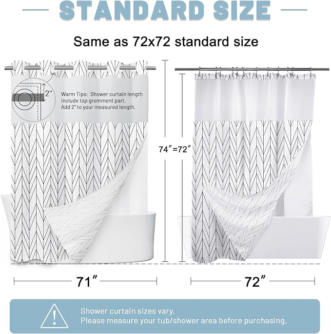 Chevron No Hook Shower Curtain with Liner, Black White 71 x 74 | Stripe Pattern,Waterproof,Quick Dry,Mesh Top Window,Bottom Magnets,Hotel Style,Machine Washable,Modern,for Bathroom