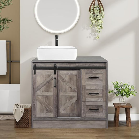 36-Inch Barn Door Bathroom Vanity, Farmhouse Style Standing Cabinet Without Sink