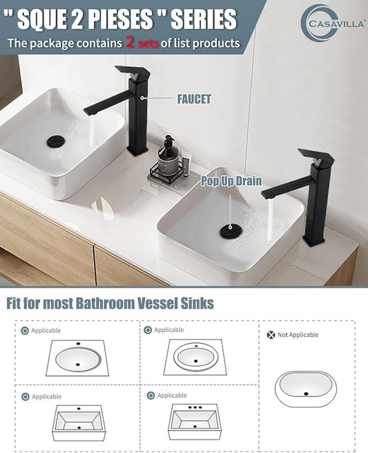 Bathroom Faucets(2 Sets),Matte Black Bathroom Faucet with Pop-up Drain and Supply Hoses,Single Hole High Barrel Vanity Faucet for Vessel Sink,Single Handle Stainless Steel RV Faucet