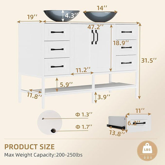 VNN 48 Inch Bathroom Vanity with Sink - Double Sink Bathroom Vanity, Freestanding Cabinet with Open Shelves and 6 Storage Drawers, Modern Iron Wood Cabinet with Countertop Tempered Glass Vessel, White