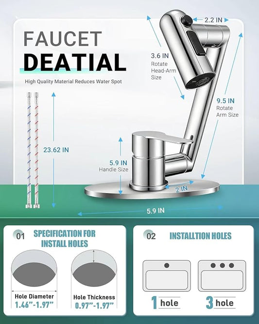 Single Handle Bathroom Faucet, 1080° Swivel Rotatable Faucet with 6'' Deck Plate, Short Bath Sink Faucets for Kitchen Rv Bath Lavatory Sink 1 or 3 Hole, Chrome
