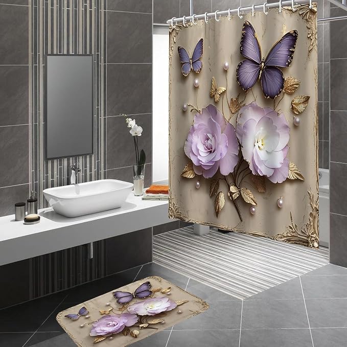 Chrainy 4pcs Vintage Butterfly Shower Cutain Set Bathroom Decor with Rugs | Bath Accessories with Waterproof Curtain, Bath Mat, Toilet Lid Cover, U-Shaped Rug and 12 Hooks for Washroom, 71*71in