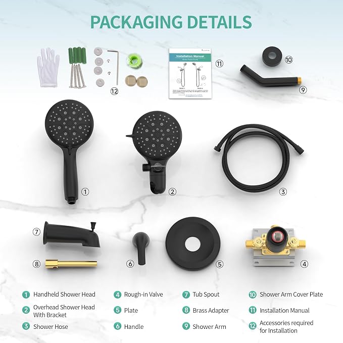 SR SUN RISE Dual 2 in 1 Shower System with Tub Spout,Matte Black | 3-Way Diverter Rain Shower Combo Set,6 Spray Setting,High Pressure,Soild Brass,Included Valve and Trim Kit