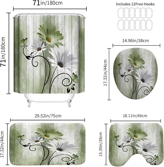 Onalasyc 4PCS Grass Green Daisy Bathroom Sets with Shower Curtain and Rugs | Country Floral Butterfly Shower Curtain Set,Modern Bathroom Decor Shower Curtains Set with Rugs Toilet Lid Cover and 12 Hooks