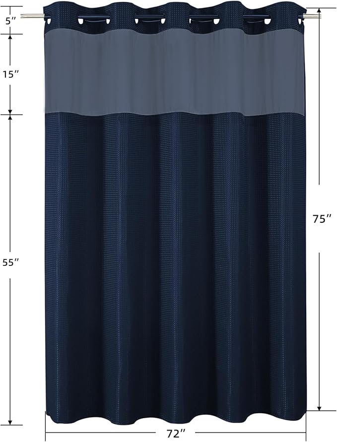 Colorful Star Navy Blue No Hook Waffle Shower Curtain Set, 72" W x 75" L | Waterproof Shower Curtain with Snap in Fabric Liner and Mesh Top Window, Hotel Style Heavy Duty Thick Bathroom Curtain