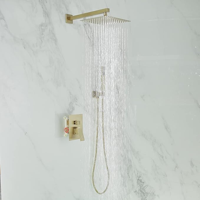 BWE Shower Faucet Brushed Gold 12 Inch Square Bathroom Luxury Rain Mixer Shower Combo Set 2-Functions Wall Mounted Rainfall Shower Head System Rough-in Valve Body and Trim Included