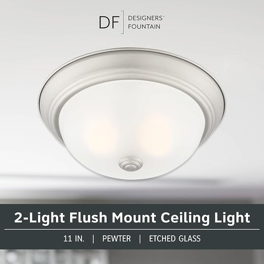 DESIGNERS FOUNTAIN Reedley 2-Lights Flush Mount Ceiling Light, 11 Inch Lighting Fixture for Kitchen, Bedroom, Bathroom, and Hallway, Pewter with Etched Glass, 1257S-PW-W