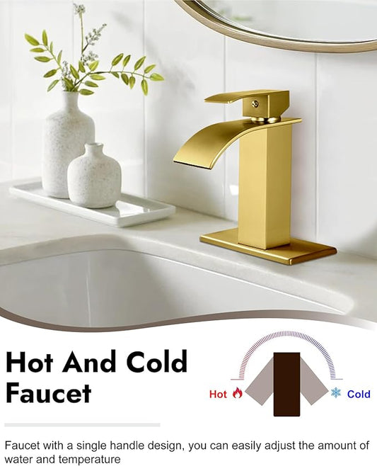 Midanya Waterfall Spout Bathroom Faucet Single Handle 1 Hole Bathroom Sink Faucet,Modern RV Lavatory Vanity Basin Tap with Water Hose,No Drain,Short Body,Brushed Gold