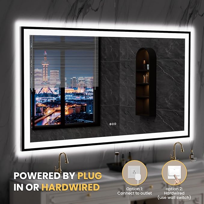 LOAAO 77"X36" LED Bathroom Mirror Black Framed | Anti-Fog, Dimmable, Memory Function, Tempered Glass, Lighted Vanity Mirror for Wall