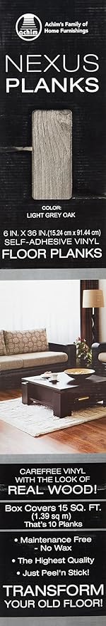 Vinyl Peel and Stick Floor Tile, Self-Adhesive Wood Plank, 10-Pack (15 Square Feet) - 6 Inch Width, 36 Inch Length, 1.2mm - Light Grey Oak - Easy DIY Nexus Planks for Any Room by Achim Home Decor