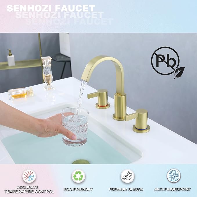 Widespread Gold Bathroom Faucet 3 Hole, Brushed Gold Vanity Faucet | 8 Inch Brushed Gold Bathroom Sink Faucet, Widespread, 360 Swivel Spout, Gold Bathroom Sink Faucet 3 Hole