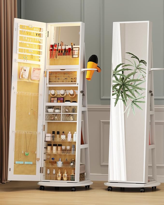 Full Length Mirror with Jewelry Storage, 360° Rotating Jewelry Armoire Organizer with Lights, Lockable Mirror Jewelry Cabinet Standing, Jewelry Mirror Cabinet for Gifts (White)