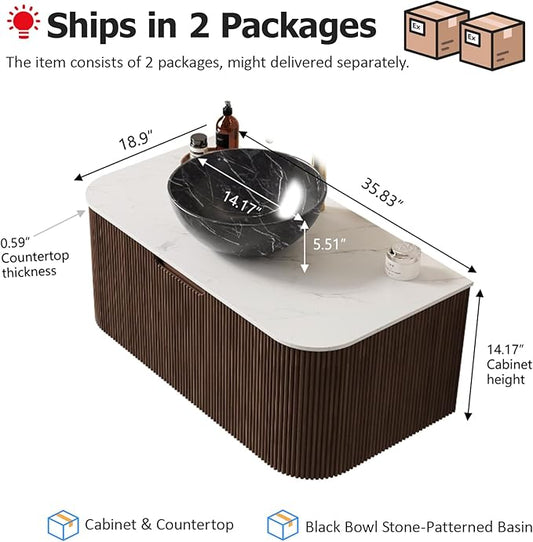 36" Floating Bathroom Vanity with Sink, Wall Mounted Modern Bathroom Cabinet with Ultra-Thin Ceramic Black Basin and Marble Top, Large Storage Drawer, Soft-Close Design, Dark Walnut