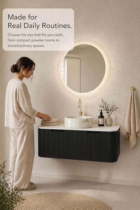 48 Inch Bathroom Vanity with Sink, Floating Wall Mounted Single Sink Vanity, Black Curved Fluted Front, Stone Top, Marble-Look Round Vessel Basin, Pre-Assembled