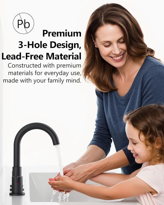 Matte Black Bathroom Faucet 3 Hole, 8 Inch Widespread 2-Handle | SUS304 Stainless Steel, 2-Handle Control, Pop-Up Drain, Supply Lines and Mounting Hardware for 8-Inch Widespread Vanity Sinks