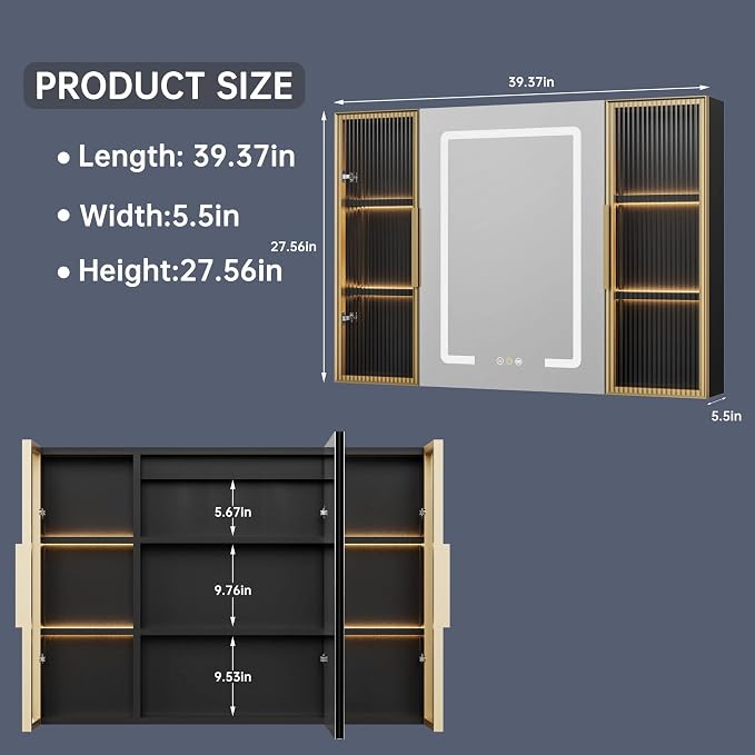 Upgrade Medicine Cabinets for Bathroom with Mirror and Storage Cabinets, 39.37”W x 27.56”H Surface Wall Mounted LED Medicine Cabinet with Lights, Defogger, Dimmer, Memory Fuction