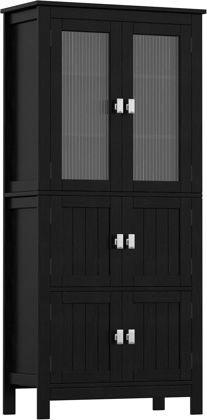 Akxomel 53.1" Tall Bathroom Cabinet 6 Doors Linen Floor Storage Cabinet | Bathroom Floor Cabinet with Adjustable Shelf, Pantry Cabinet for Living Room, Kitchen, Entryway, Black