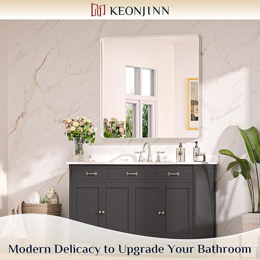 Keonjinn Brushed Nickel Wall Mirror, 36 x 36 Inch Large Square Silver Bathroom Mirrors for Over Sink, Rounded Rectangle Farmhouse Vanity Mirror, HD Tempered Glass Modern Mirror(Horizontal/Vertical)