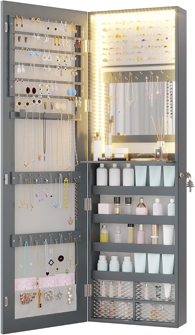 Vlsrka 47.2" Jewelry Armoire Organizer, Wall/Door Mounted Jewelry Cabinet | Built-in LED Mirror, Large Lockable Hanging Full Length Mirror with Jewelry Storage, 4 Drawers, 5 Shelves for Women, Gray
