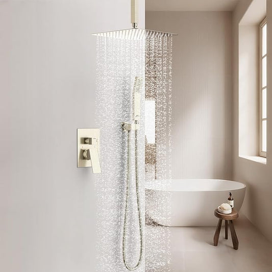 SunCleanse Rainfall Shower Faucet Set with High Pressure in Brushed Nickel | Ceiling mounted shower combo set featuring a 12" rainfall shower head, handheld spray, and rough-in shower valve.