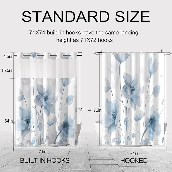 No Hook Shower Curtain and Liner Set, Blue Boho Floral 71x74 | Watercolor Boho Flower, with Snap in Liner, Waterproof, Machine Washable, Quick-Drying, for Hotel Bathroom