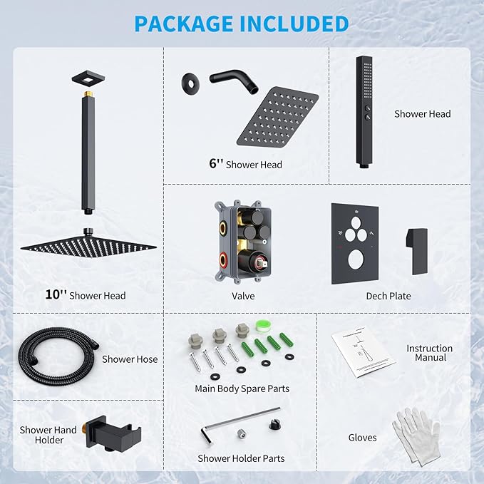 Shower Faucet Set Shower System - EMBATHER Push Button Diverter Dual Shower Faucet Valve Kit with Rainfall Ceiling Mount 10 Inch Shower Head 6 Inch Wall Mount, for Couple (Standard-10'', Matte Black)