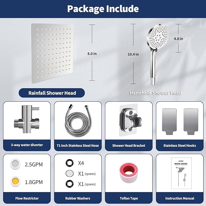 Airlex Shower Head Rain Shower Head with Handheld Spary, High Pressure Rainfall Showerhead and 4 Modes Handheld Shower Heads Built-in Power Wash with 71 Inch Stainless Steel Hose, 8'' Sliver