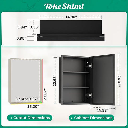TokeShimi 16x24 Recessed Medicine Cabinet with Mirror Surface Mounted, Metal Beveled Mirror with Storage for Bathroom Vanity, Aluminum Black Medicine Cabinet Mirrored