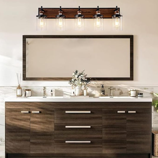 5-Light Farmhouse Bathroom Light Fixtures Vintage Bathroom Vanity Lights Over Mirror Black and Wood Painted Metal Vanity Light for Bathroom with Glass Shades E26 Socket