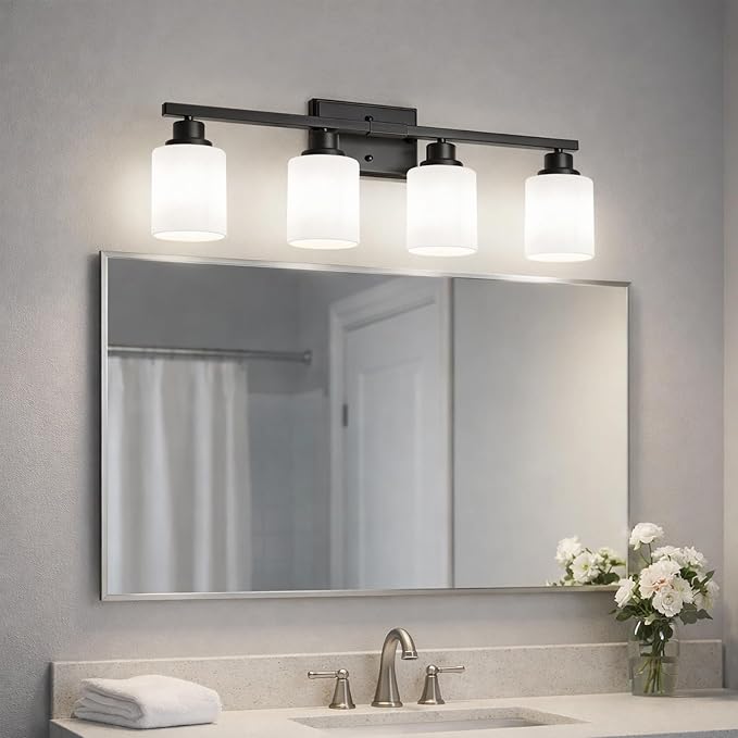 4-Light Bathroom Light Fixtures, Modern Black Vanity Light Over Mirror, Wall Sconces with Milky White Glass Shades for Living Room Bedroom Hallway E26 Base