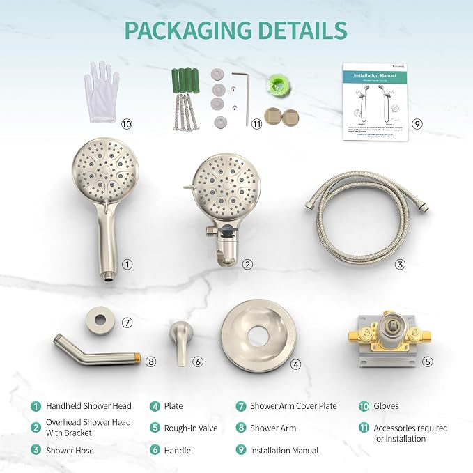SR SUN RISE Dual 2 in 1 Shower System with Handheld,Brushed Nickel | 3-Way Diverter Rain Shower Combo Set,6 Spray Setting,High Pressure,Soild Brass,Included Valve and Trim Kit