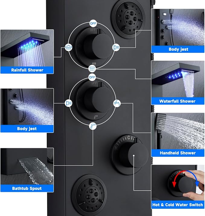 5-in-1 LED Shower Panel Tower System Matte Black Stainless Steel | Rainfall + waterfall | 4 body jets | Handheld shower | LED lights | Wall mount
