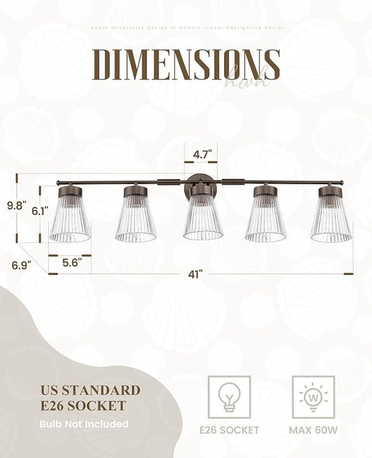 HWH 5-Light Bathroom Vanity Light, Clear Striped Glass, 5HZG97B-5W ORB | Oil Rubbed Bronze, Farmhouse, Vanity Lights for Bathroom Vanity Lamp, Vanity Sconce, Standard E26 Bulb Socket, ETL Listed
