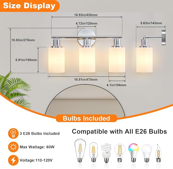 DLLT 3-Light Bathroom Light Fixtures: Chrome Modern Vanity Lights with E26 Bulbs - Milky White Glass Shade Bathroom Wall Lamp for Mirror Kitchen Living Room Hallway Cabinet Porch
