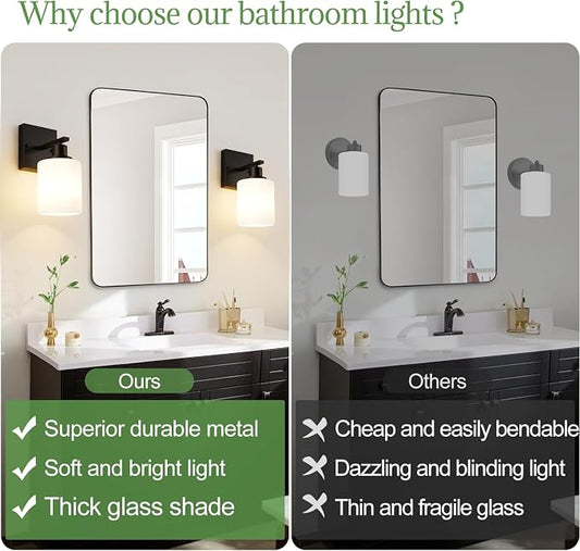 MOKATNG Set of 2 Wall Sconces for Bathroom,Black Modern Vanity Lights with White Glass Shade,Bathroom Wall Lamp for Mirror Kitchen Living Room Hallway Cabinet Porch
