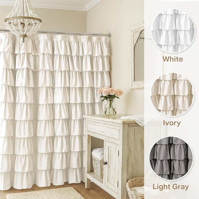 Seasonwood Ruffle Shower Curtain Cream, 72" x 72" | Cascading full-length fabric tiers, soft dimensional texture, vintage shabby chic styling for decorative bathroom updates