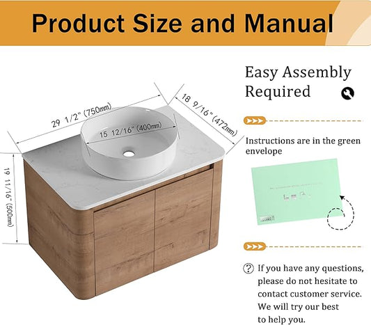 Malwee 30" Floating Bathroom Vanity with Sink, 30 Inch Wall Mounted Bathroom Cabinet Combo, Modern Single Sink Bath Storage Vanity Set, with 2 Soft Close Doors and Ceramic Vessel Basin Top(30-400