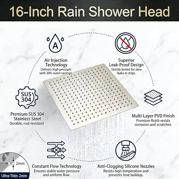 16 Inch Rain Shower Head,Rainfall Showerhead for Bathroom | All Metal 304 Stainless Steel with 324 Silicone Nozzel, Full Body Coverage,Ceiling Mount,Brushed Nickel
