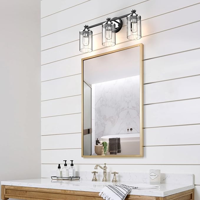 Bathroom Lighting Fixtures Black and Chrome Bathroom Vanity Light with Cylindrical Clear Stripes Glass Lampshade E26 Socket Base Bathroom Lighting Fixtures Over Mirror (3 Lights)