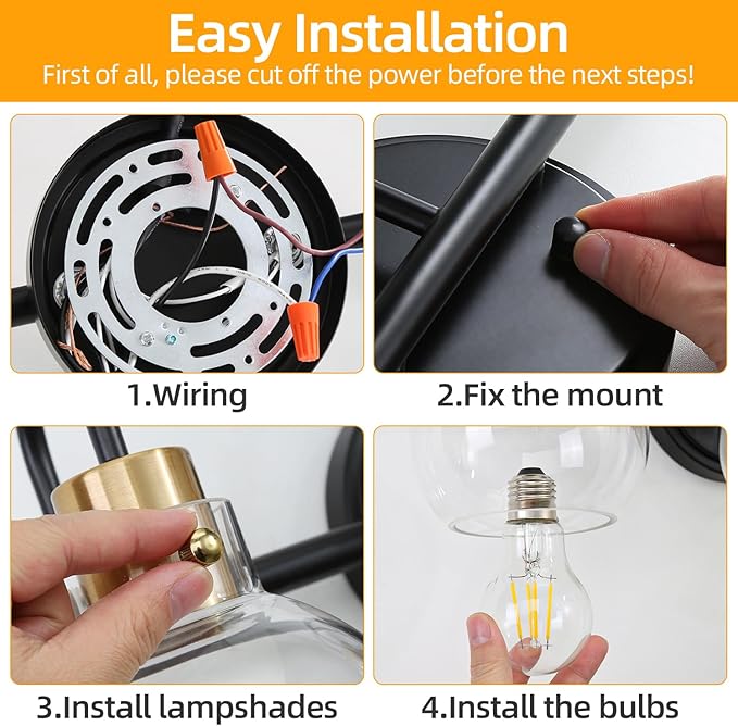 3 Lights Bathroom wall Light, Vanity Light Fixture Wall Mount Lamp | Black Gold Wall Sconces with Globe Clear Glass Shade, Farmhouse Wall Mount Lamp for Mirror, Porch, Living Room, Workshop