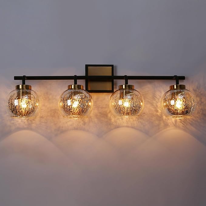 KSANA Black Gold Vanity Light, Modern 4-Light Bathroom Light Fixture with Mercury Glass Shade, Electroplating Brass 29.5”L Globe Vanity Lighting Over Mirror