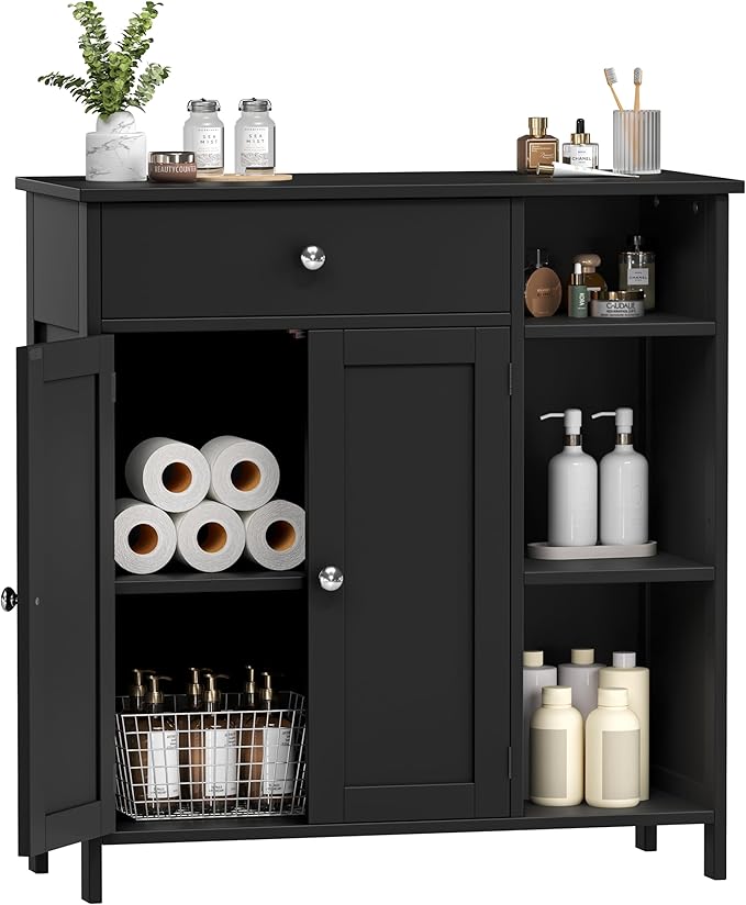 Black Bathroom Floor Cabinet with Large Drawer, Floor Storage Cabinet with Doors & Adjustable Shelves, Modern Storage Cupboard with 3 Open Shelves for Kitchen, Living Room, Entryway