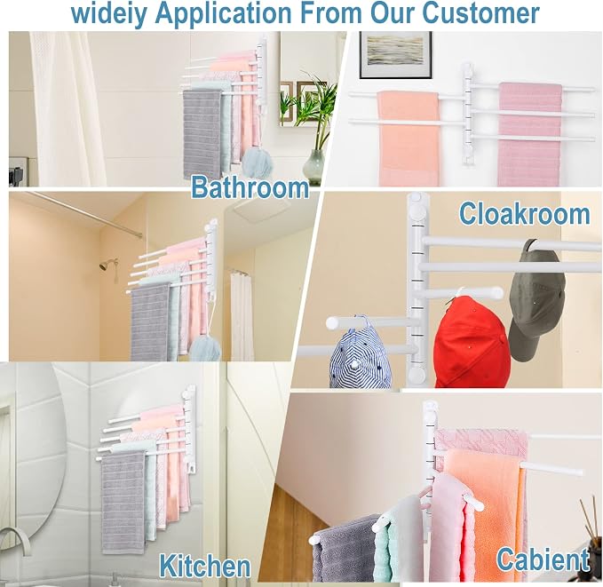 5-Arm Swivel Towel Rack - 180° Rotating Wall Mounted, 304 Stainless Steel Rustproof, Heavy Duty Bathroom Accessories, Space Saving Towel Organizer for Bathroom Kitchen Laundry - Pearl White