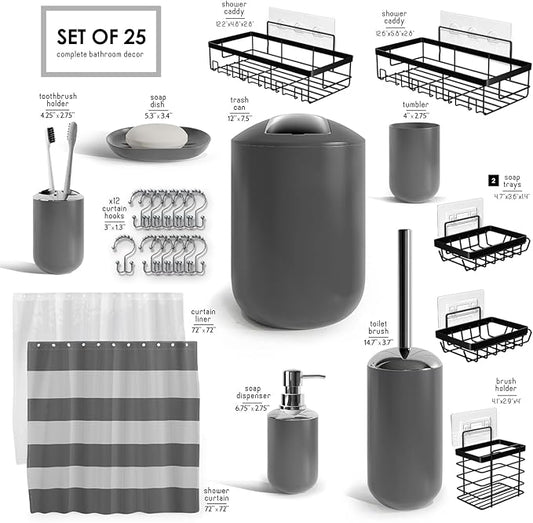 Clara Clark Bathroom Accessories Set - Bathroom Set with Adhesive Corner Shower Caddy Hanging, 25PC Bathroom Accessory Set, Grey Shower Curtain Set, Toilet Brush, Trash Can & Soap Dispenser