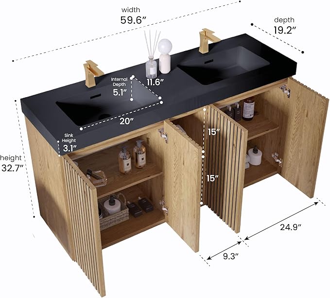60" Double Bathroom Vanity with Sink Combo, Mid Century Modern Bathroom Cabinet with Doors & Shelves, Matte Black Integrated Sink with Overflow, Light Oak