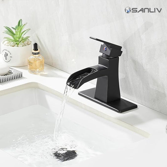 Black Waterfall Bathroom Faucet, One-Handle Bathroom Faucets for Sink 1 or 3 Hole, Matte Black Vanity Faucet, Single Hole Restroom Sink Faucet with Pop Up Drain