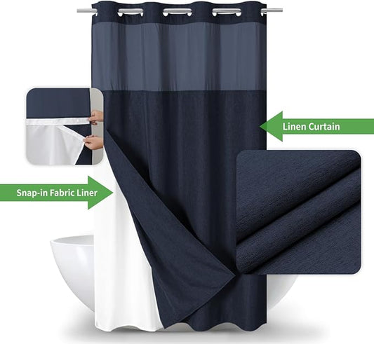 eachope No Hook Fabric Shower Curtain with Snap-in Liner,54x80 Navy Blue | Linen Texture,230GSM Thick Fabric,Hotel Luxury Decor,Mesh Window,Waterproof & Machine Washable,for Shower Stall or Bathroom