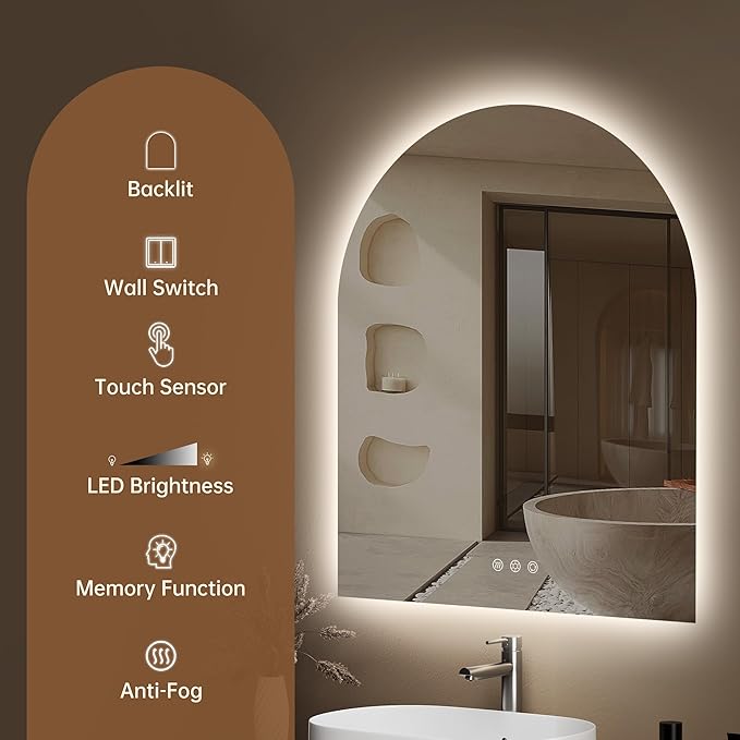 30"x36" Arched LED Lighted Bathroom Mirror with Lights | Fogless, Dimmable, Shatterproof, Touch Sensor, 3 Color Changing