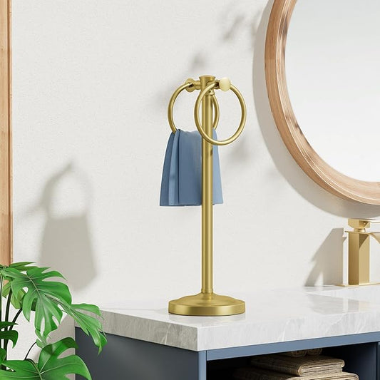 Hoimpro Hand Towel Holder Stand Bathroom Countertop Towel Bar Rack Gold | Brushed Gold, Freestanding, Free Standing Towel Ring Hanger for Vanity Counter Kitchen Accessories, Stainless Steel